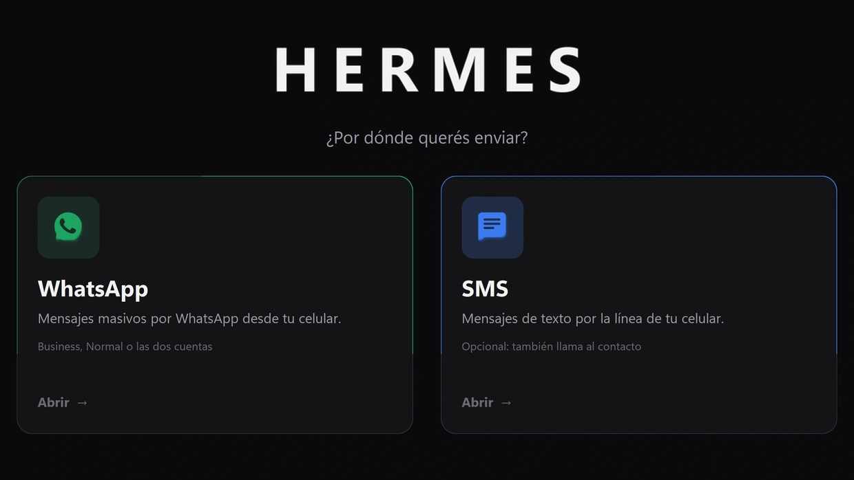 Pantalla de inicio de HERMES con las dos opciones: WhatsApp y SMS